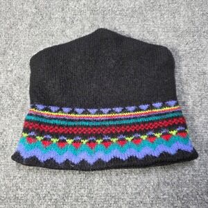 Merkley Headgear Black Wool Fair Isle Knit Beanie Hat Vail USA 100% Virgin Wool